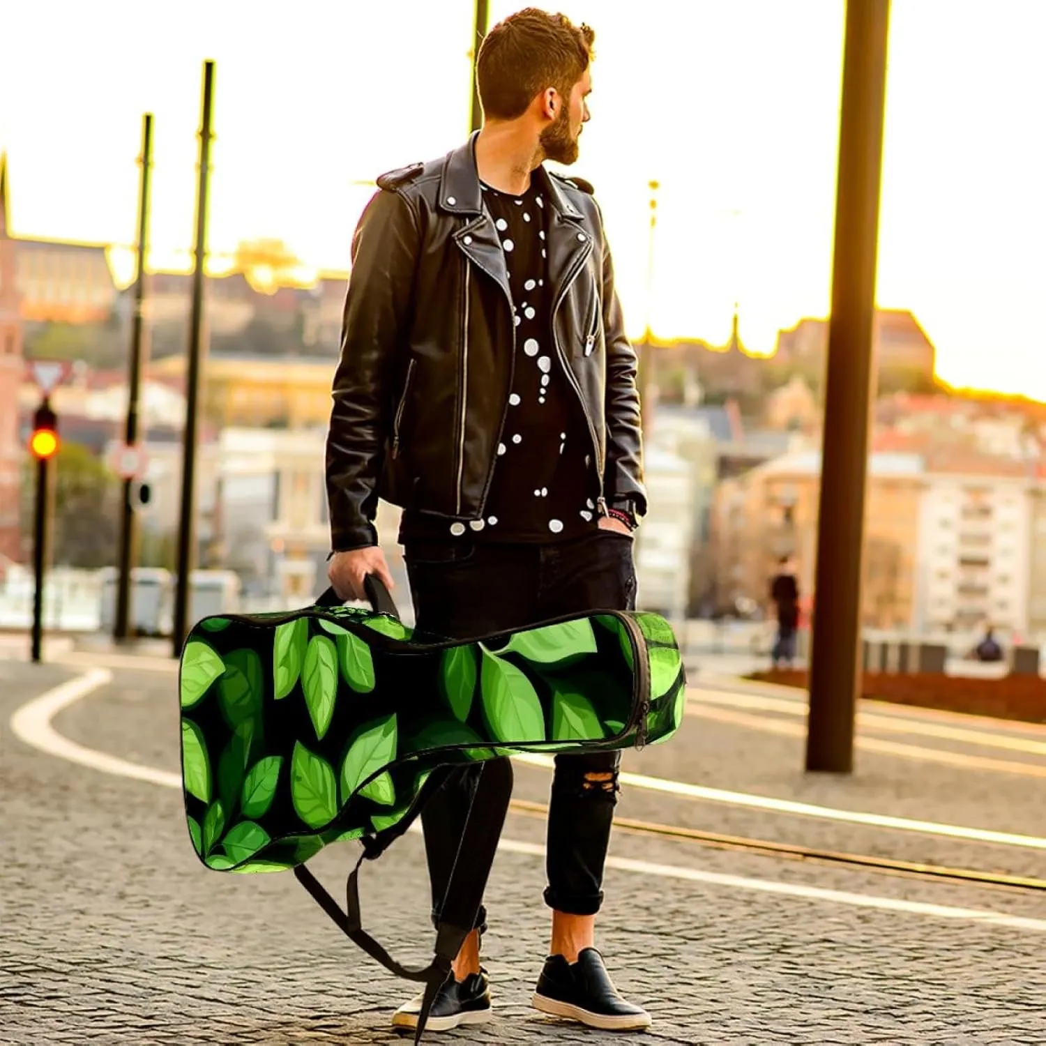 Acoustic Guitar Bag 1 cm Thick Padding, Waterproof Oxford Cloth Guitar Bag Backpack for 40-42 Inch Electric Bass Classical Guitars, Small Green Leaves Seamless Pattern