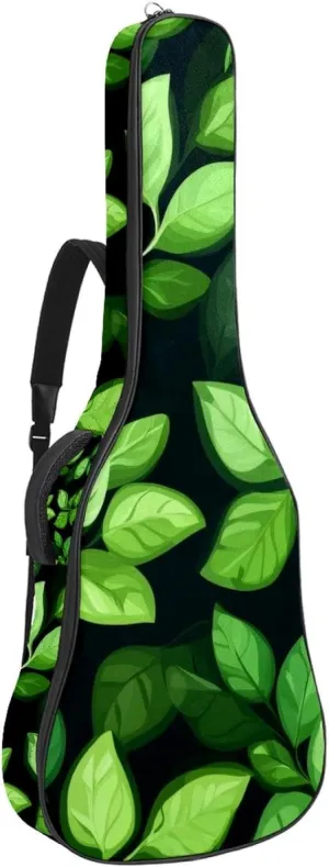 Acoustic Guitar Bag 1 cm Thick Padding, Waterproof Oxford Cloth Guitar Bag Backpack for 40-42 Inch Electric Bass Classical Guitars, Small Green Leaves Seamless Pattern