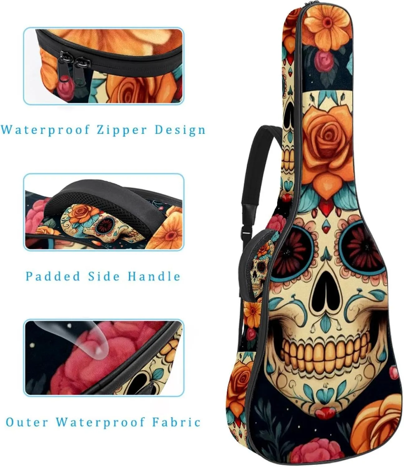 Acoustic Guitar Bag, Soft Guitar Case with 2 Pockets and Back Hanger Loop for 40 41 42 Inch Electric Bass Classical Guitars, Sugar Skull Flowers Floral