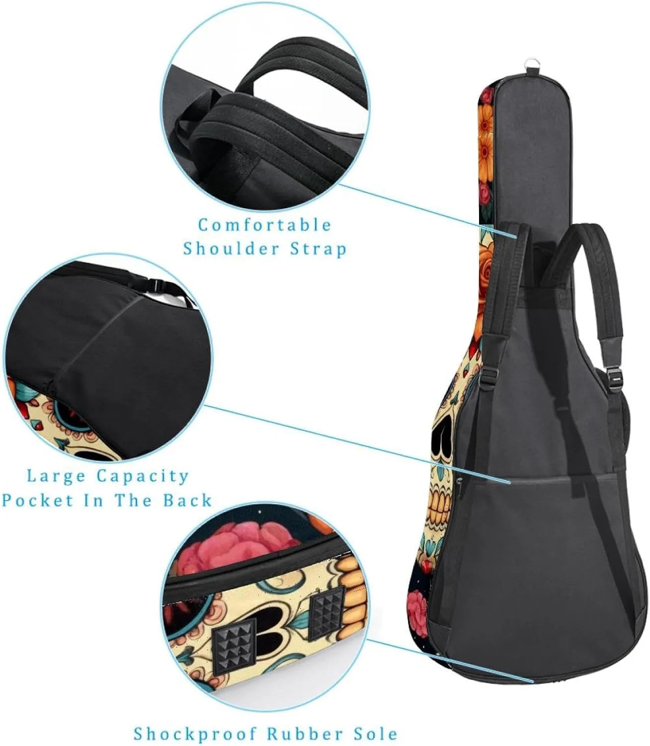 Acoustic Guitar Bag, Soft Guitar Case with 2 Pockets and Back Hanger Loop for 40 41 42 Inch Electric Bass Classical Guitars, Sugar Skull Flowers Floral