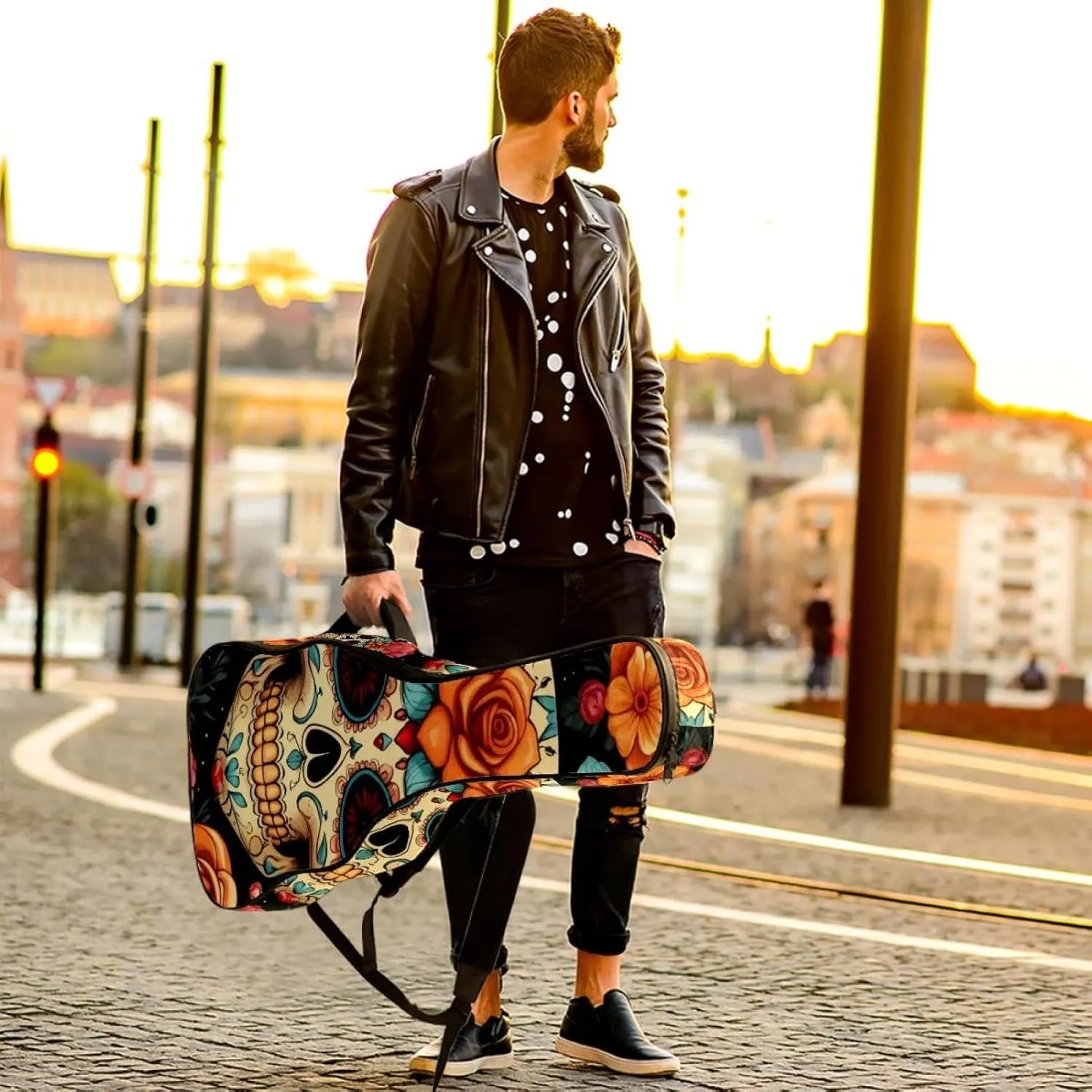 Acoustic Guitar Bag, Soft Guitar Case with 2 Pockets and Back Hanger Loop for 40 41 42 Inch Electric Bass Classical Guitars, Sugar Skull Flowers Floral