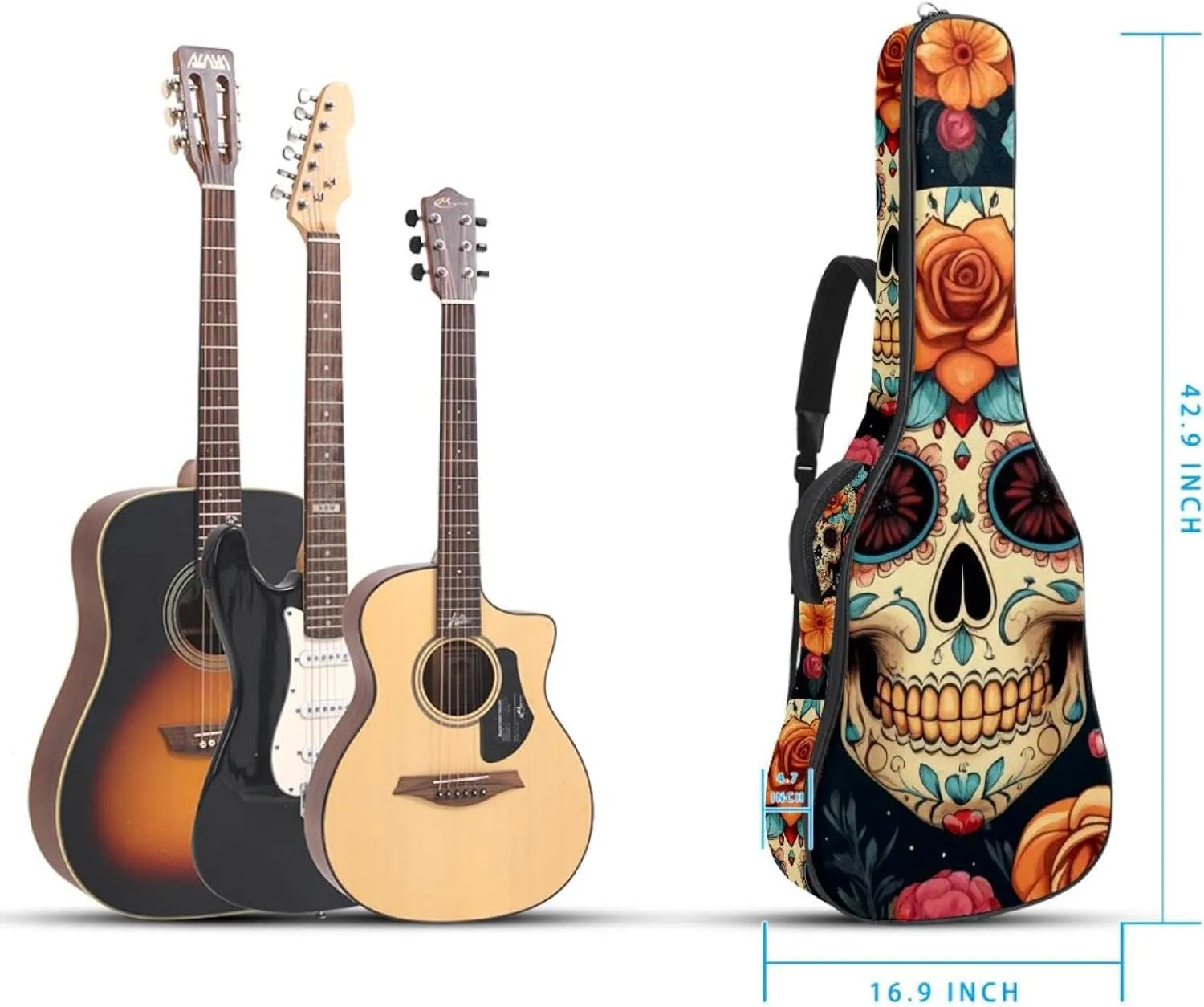 Acoustic Guitar Bag, Soft Guitar Case with 2 Pockets and Back Hanger Loop for 40 41 42 Inch Electric Bass Classical Guitars, Sugar Skull Flowers Floral
