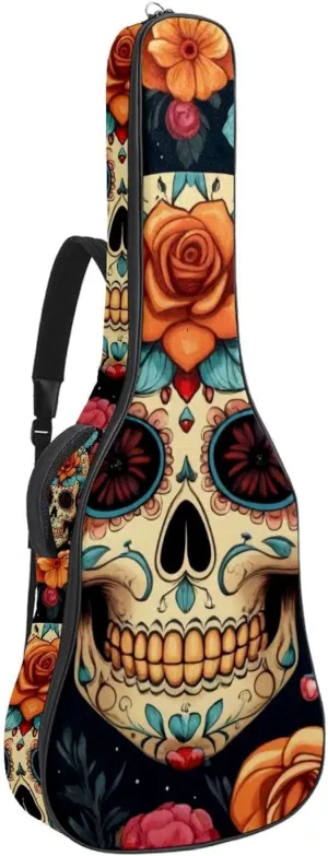 Acoustic Guitar Bag, Soft Guitar Case with 2 Pockets and Back Hanger Loop for 40 41 42 Inch Electric Bass Classical Guitars, Sugar Skull Flowers Floral
