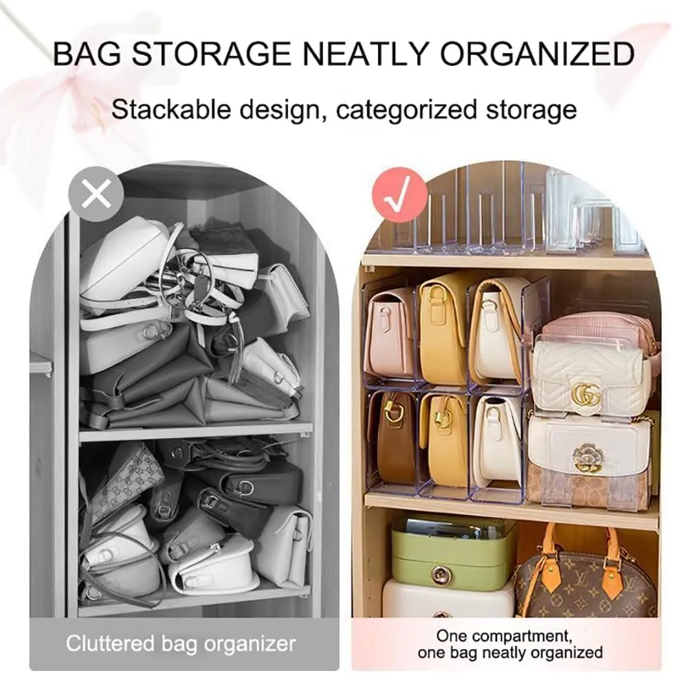 Acrylic Clear Purse Storage Organizer for Closet, Plastic Handbag Organizer, Desk File Sorter, Closet Shelf Divider Display Stand (4 Grids)