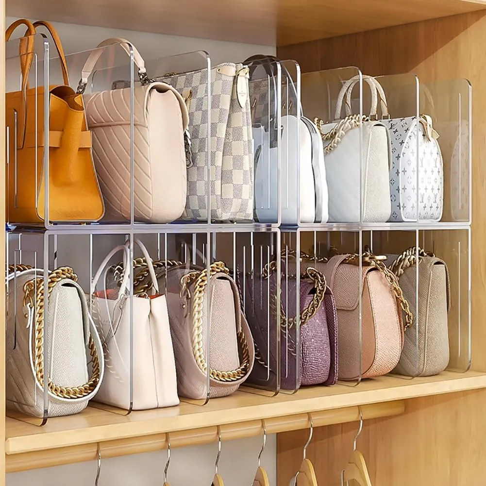 Acrylic Clear Purse Storage Organizer for Closet, Plastic Handbag Organizer, Desk File Sorter, Closet Shelf Divider Display Stand (4 Grids)