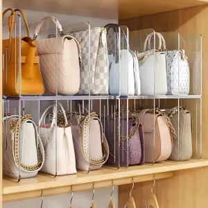 Acrylic Clear Purse Storage Organizer for Closet, Plastic Handbag Organizer, Desk File Sorter, Closet Shelf Divider Display Stand (4 Grids)