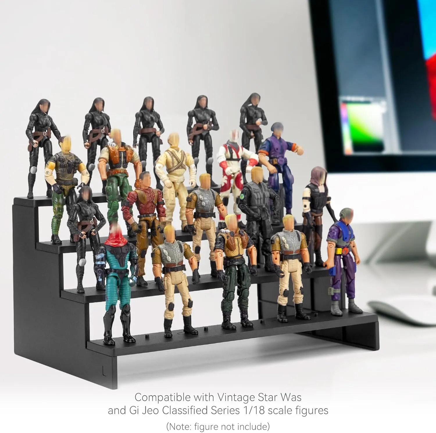 Action Figure Risers Stand, Figure Riser Display Shelf with Pegs, Toy Organizer Stand, Compatible with 3.75'' Vintage (1977-1985) Star Was/GI Jeo Figures, Black 4 Tiers