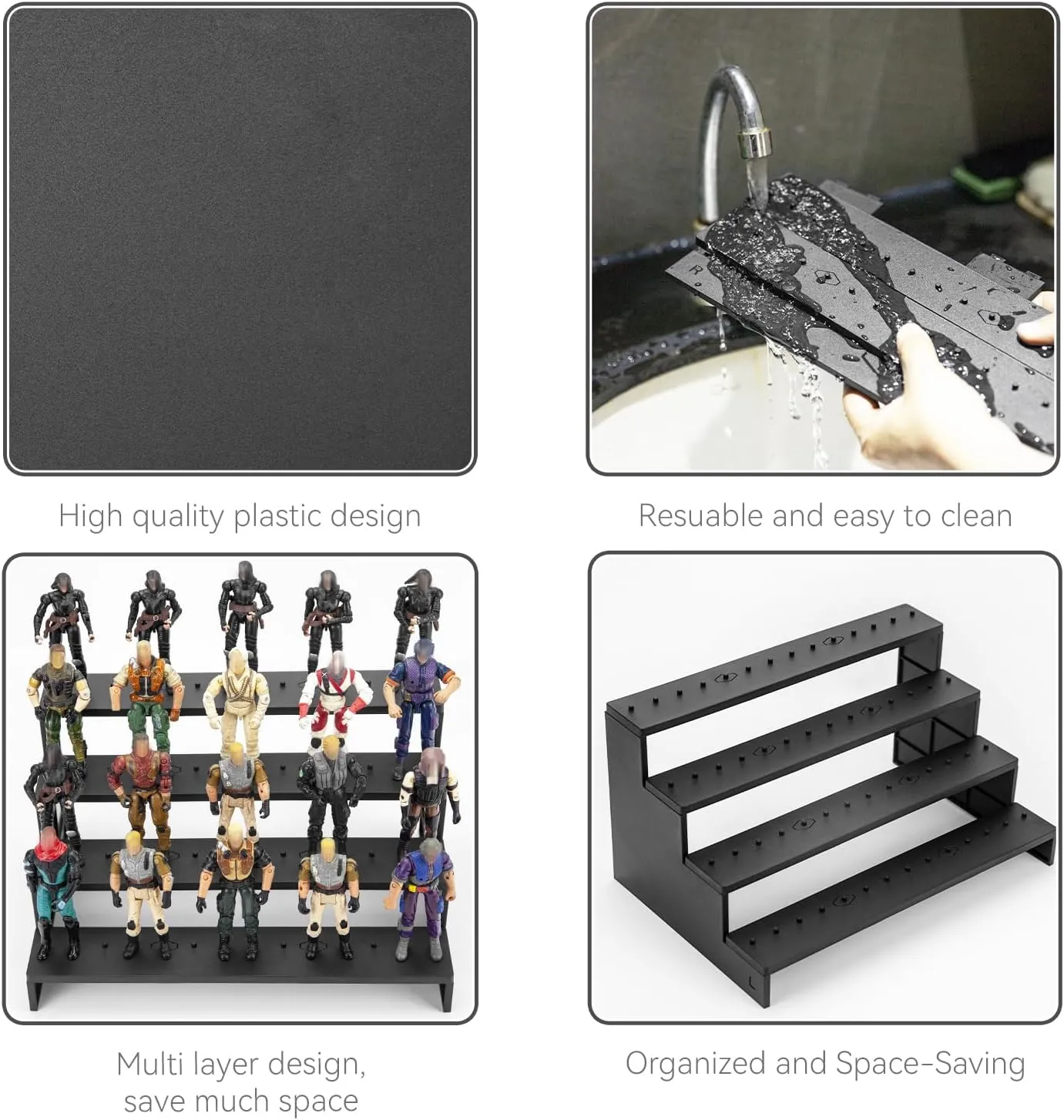 Action Figure Risers Stand, Figure Riser Display Shelf with Pegs, Toy Organizer Stand, Compatible with 3.75'' Vintage (1977-1985) Star Was/GI Jeo Figures, Black 4 Tiers