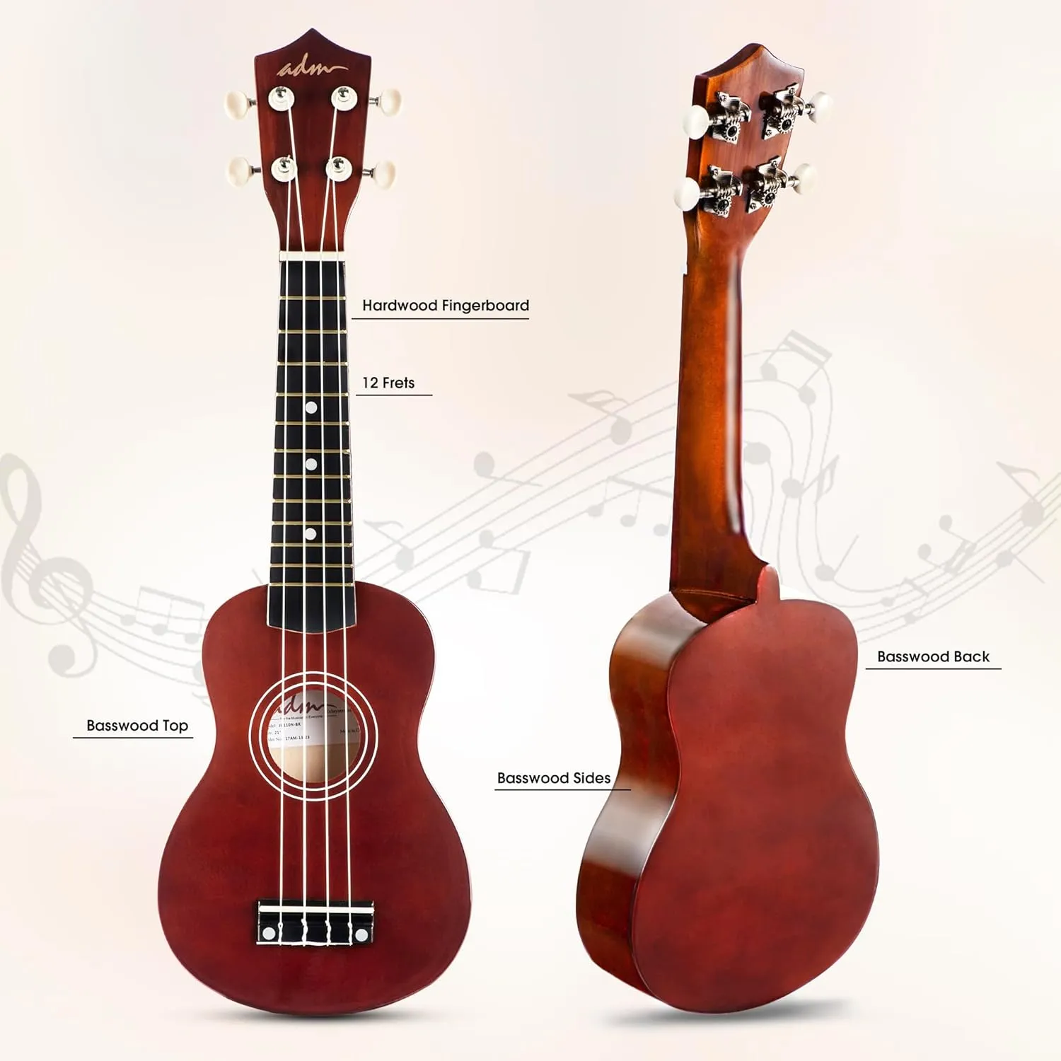 ADM Ukulele for Beginners Hawaiian Wood Ukelele Kit for Kids Adult Student Starter Professional Ukalelee Pack Bundle with Free Lessons Gig Bag Strap Nylon String Tuner (Brown, 21 Inch)