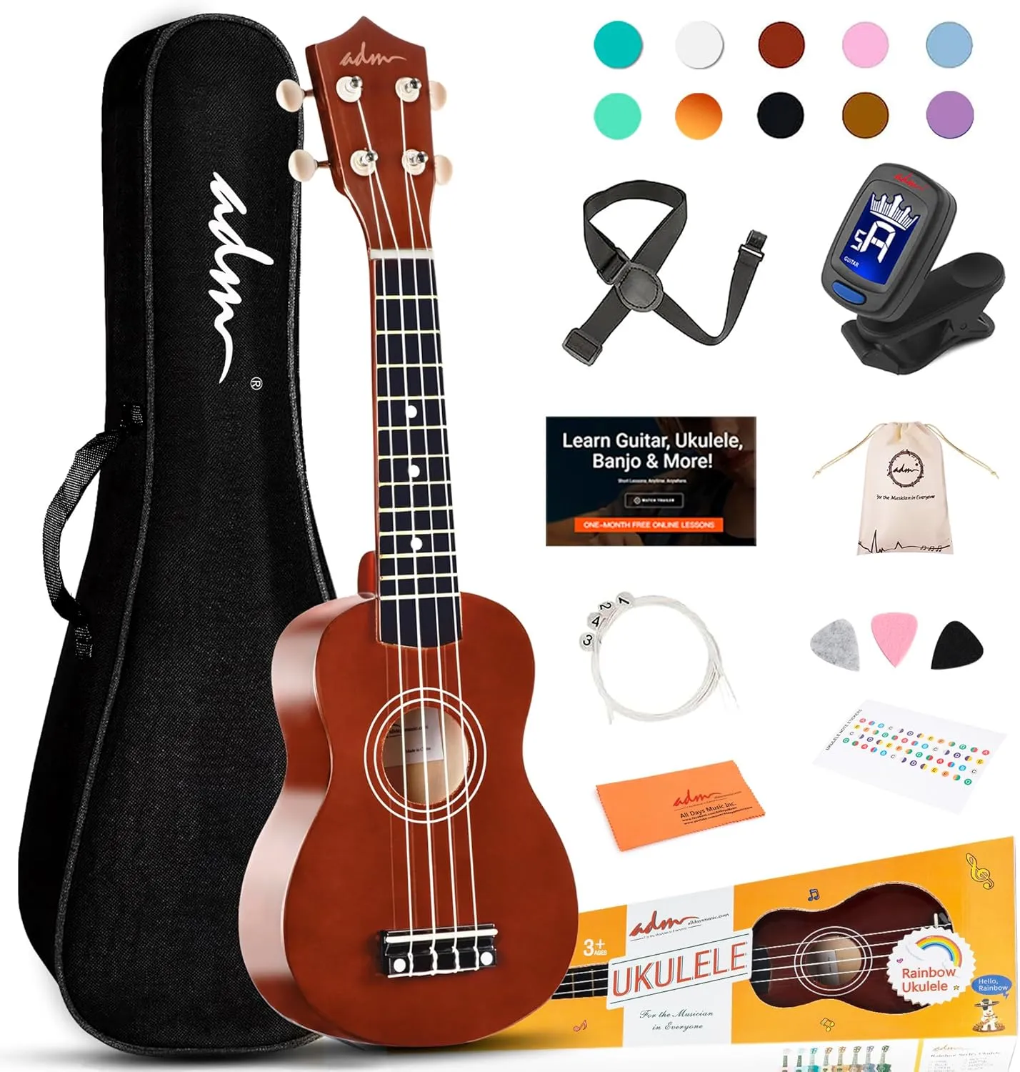 ADM Ukulele for Beginners Hawaiian Wood Ukelele Kit for Kids Adult Student Starter Professional Ukalelee Pack Bundle with Free Lessons Gig Bag Strap Nylon String Tuner (Brown, 21 Inch)