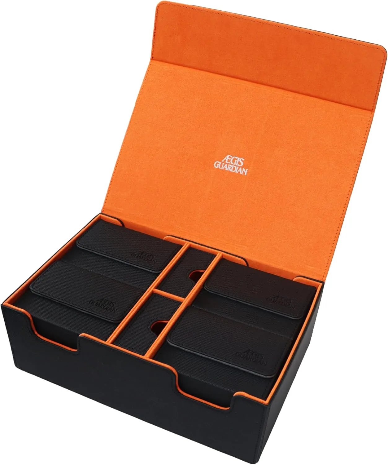 AEGIS GUARDIAN Commander Deck Box Hold 600  Sleeved Cards, Card Deck Box with 2 Dice Tray Fit for TCG MTG CCG, Holds up to 4 Card Storage Boxes, PU Leather Strong Magnet, Black and Orange
