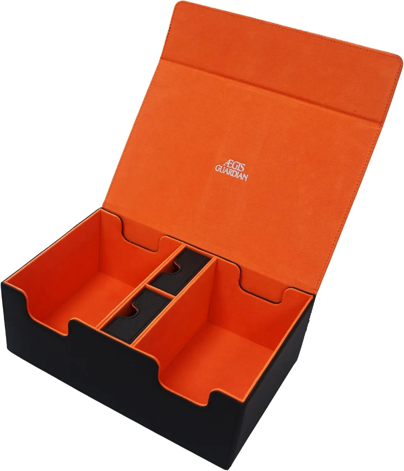 AEGIS GUARDIAN Commander Deck Box Hold 600  Sleeved Cards, Card Deck Box with 2 Dice Tray Fit for TCG MTG CCG, Holds up to 4 Card Storage Boxes, PU Leather Strong Magnet, Black and Orange