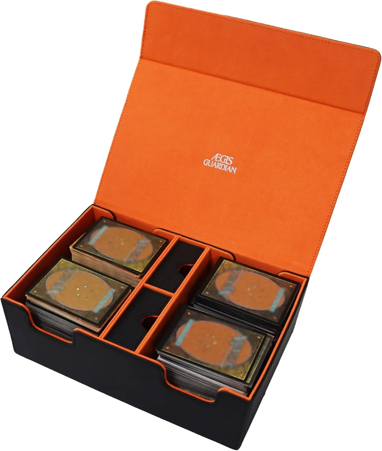 AEGIS GUARDIAN Commander Deck Box Hold 600  Sleeved Cards, Card Deck Box with 2 Dice Tray Fit for TCG MTG CCG, Holds up to 4 Card Storage Boxes, PU Leather Strong Magnet, Black and Orange