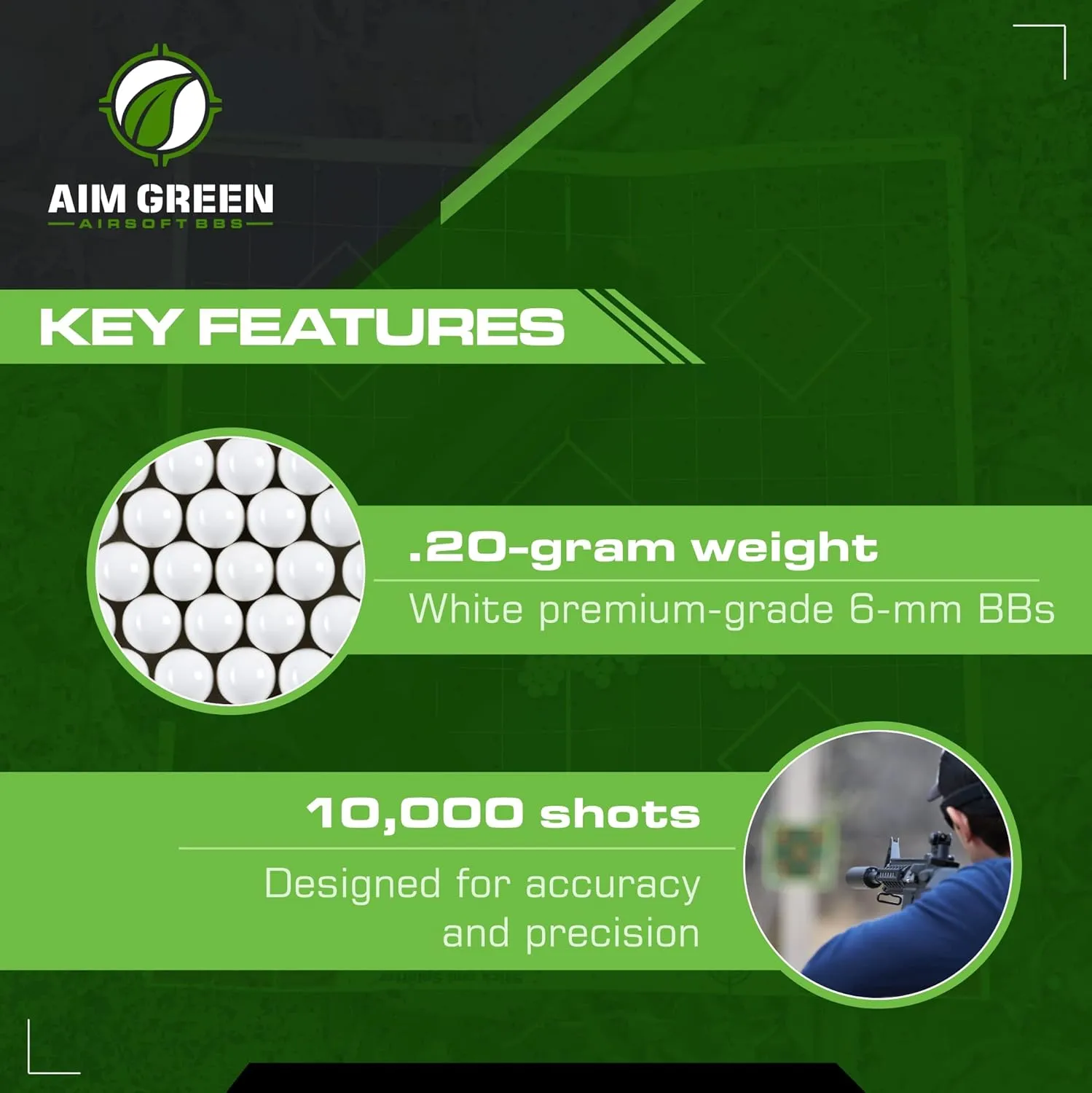 Aim Green Biodegradable Airsoft BBS, Premium-Grade 6mm Airsoft BBS, 20g, 25g, 32g, 36g, 40g, 2,500, 5,000, 10,000 Count