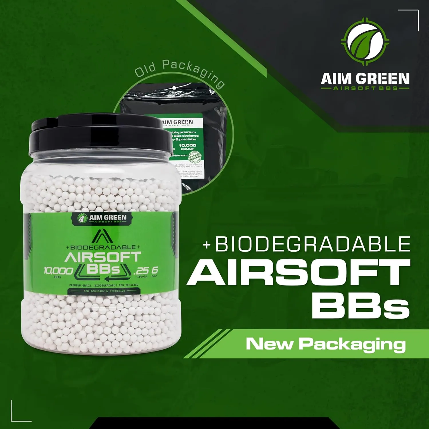 Aim Green Biodegradable Airsoft BBS, Premium-Grade 6mm Airsoft BBS, 20g, 25g, 32g, 36g, 40g, 2,500, 5,000, 10,000 Count
