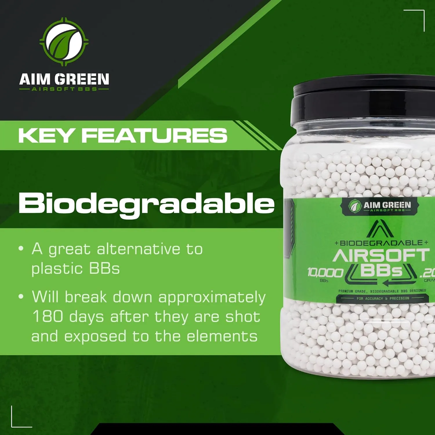 Aim Green Biodegradable Airsoft BBS, Premium-Grade 6mm Airsoft BBS, 20g, 25g, 32g, 36g, 40g, 2,500, 5,000, 10,000 Count