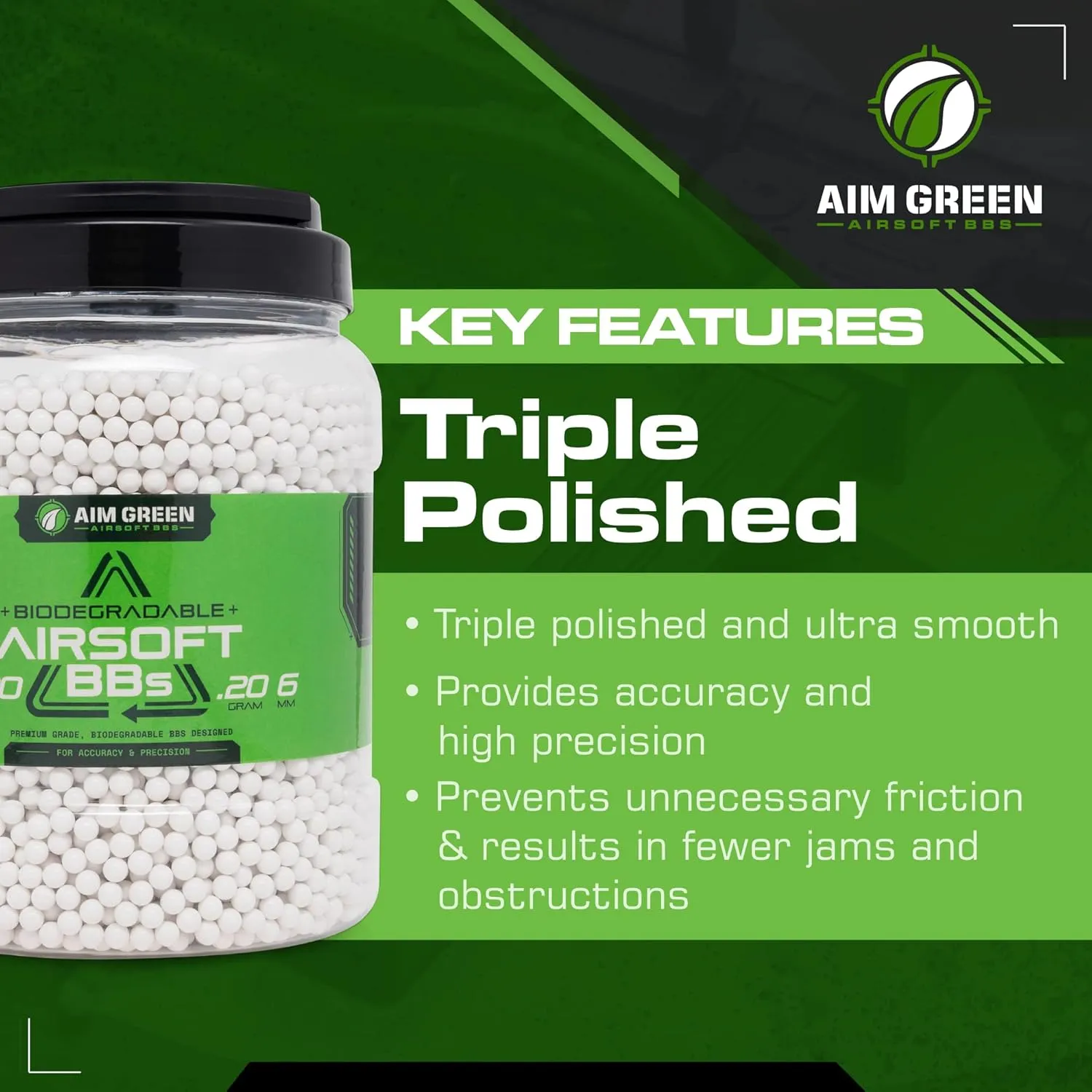 Aim Green Biodegradable Airsoft BBS, Premium-Grade 6mm Airsoft BBS, 20g, 25g, 32g, 36g, 40g, 2,500, 5,000, 10,000 Count