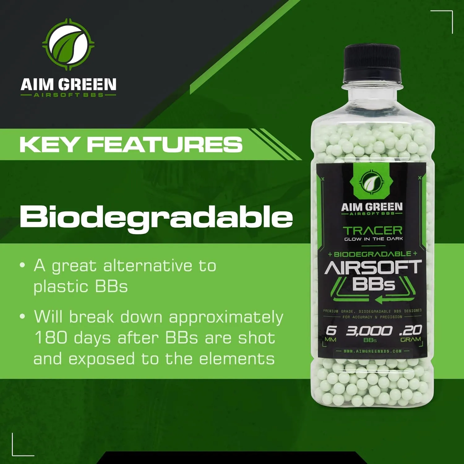 Aim Green Tracer Biodegradable Airsoft BBS, Glow-in-The-Dark BBS, 3,000 Count, .20, .25, .32 Grams