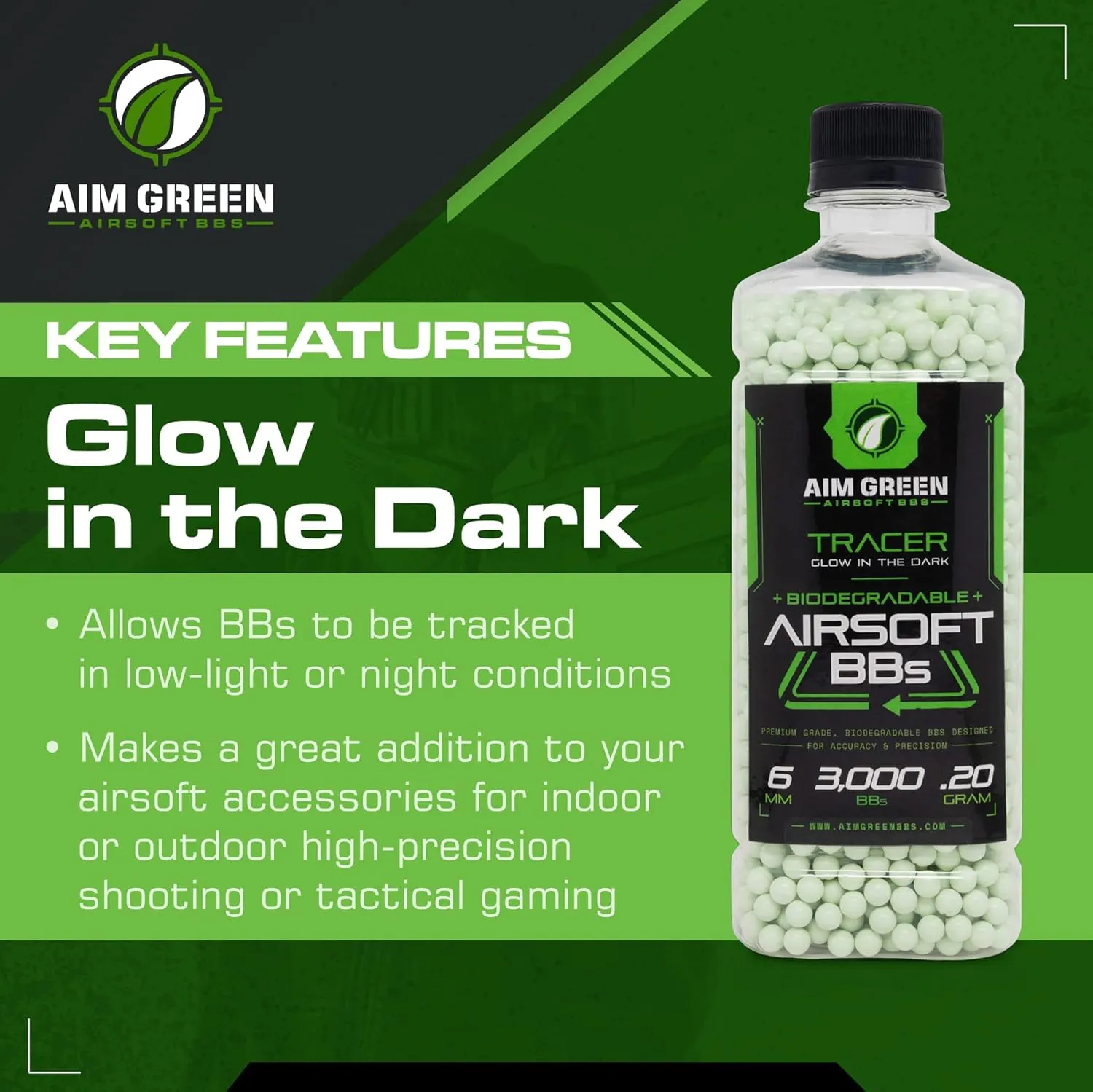 Aim Green Tracer Biodegradable Airsoft BBS, Glow-in-The-Dark BBS, 3,000 Count, .20, .25, .32 Grams