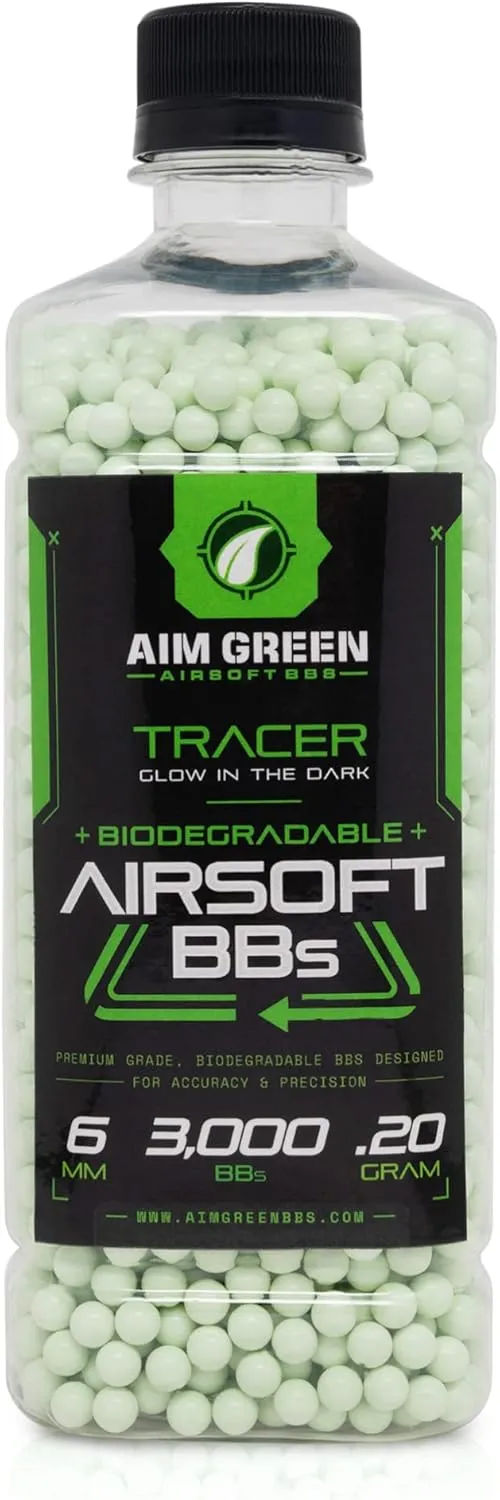 Aim Green Tracer Biodegradable Airsoft BBS, Glow-in-The-Dark BBS, 3,000 Count, .20, .25, .32 Grams