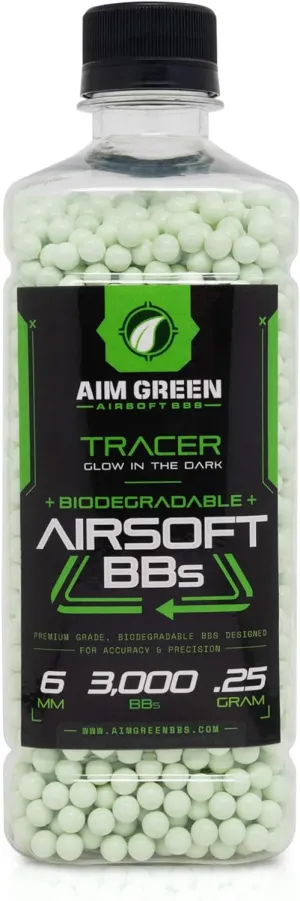 Aim Green Tracer Biodegradable Airsoft BBS, Glow-in-The-Dark BBS, 3,000 Count, .20, .25, .32 Grams