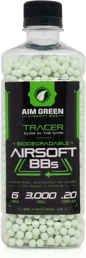 Aim Green Tracer Biodegradable Airsoft BBS, Glow-in-The-Dark BBS, 3,000 Count, .20, .25, .32 Grams