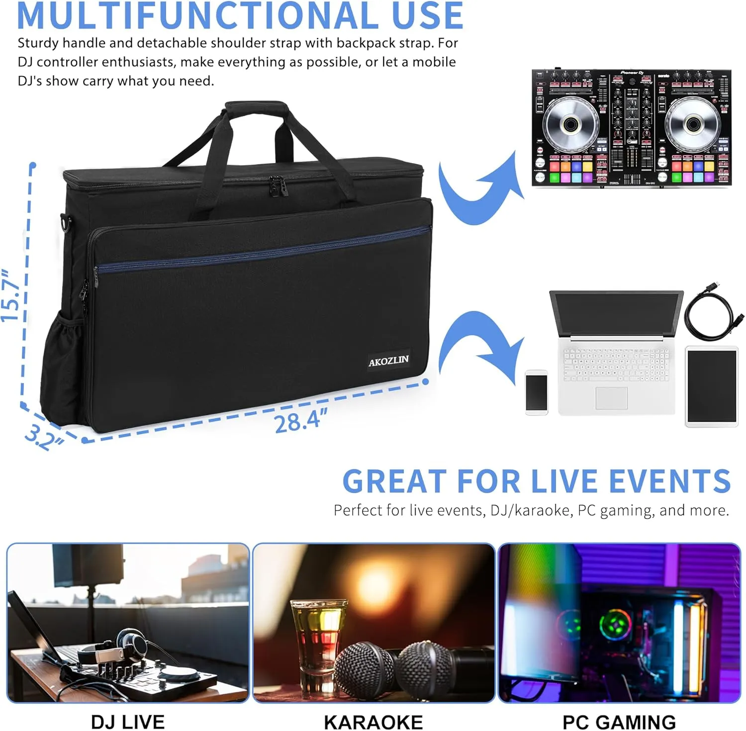 AKOZLIN Padded DJ Mixer Gig Bag Controller Travel Shoulder Bag Fits for Pioneer RX/NI Traktor Kontrol S8/DDJ SX SX2 SX3/DDJ 800/DDJ FLX6/DDJ1000 1000SRT/MC7000