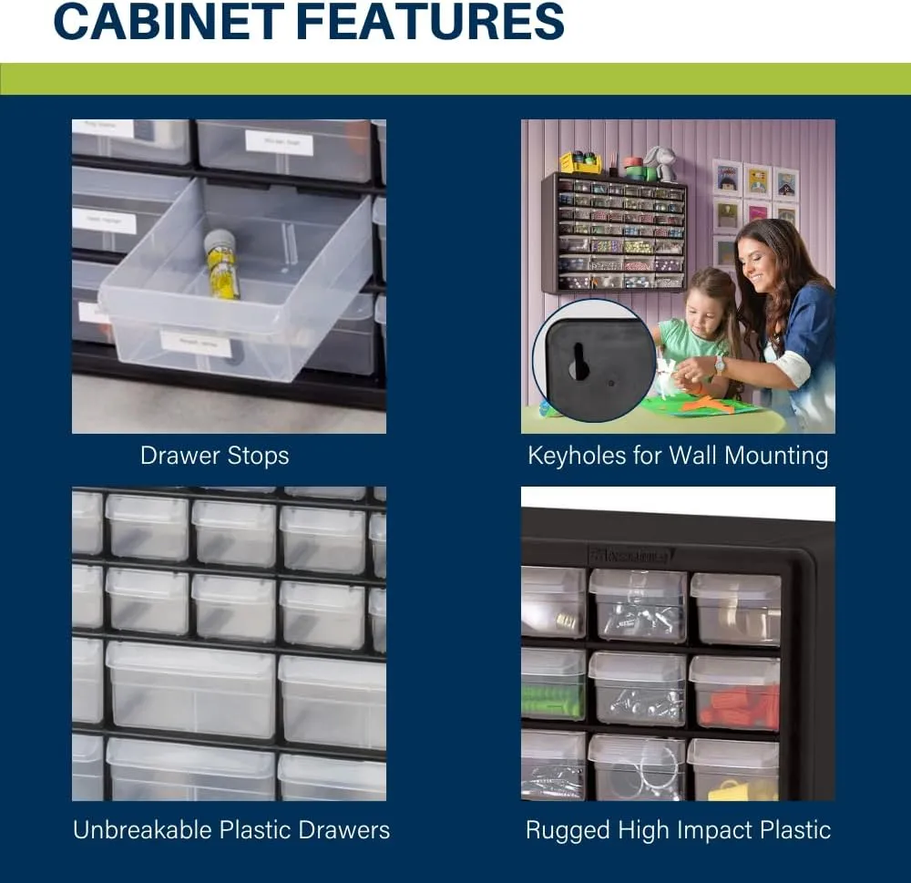 Akro-Mils 44-Drawer Plastic Drawer Storage Cabinet for Garage Organization, Bead Organizer, Building Bricks Storage, Teacher Toolbox, Makeup Organizer, 20-Inch W x 6-Inch D x 16-Inch H, 10144 Red