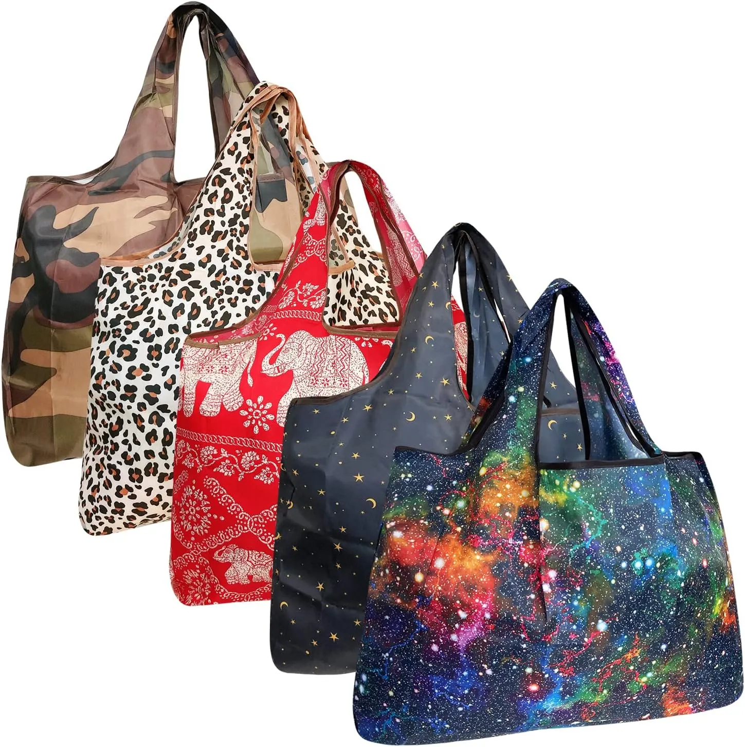 allydrew Large Foldable Tote Nylon Reusable Grocery Bags, 5 Pack