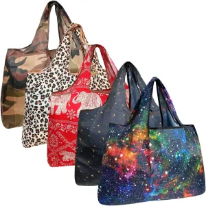 allydrew Large Foldable Tote Nylon Reusable Grocery Bags, 5 Pack