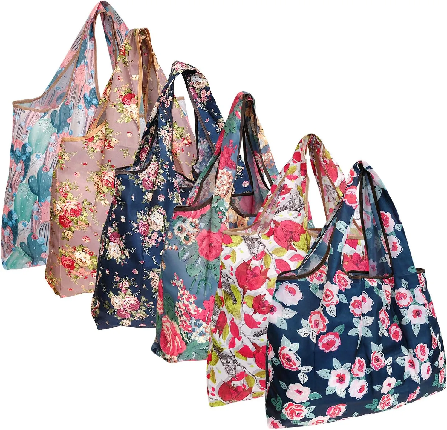 allydrew Large Foldable Tote Nylon Reusable Grocery Bags, 6 Pack