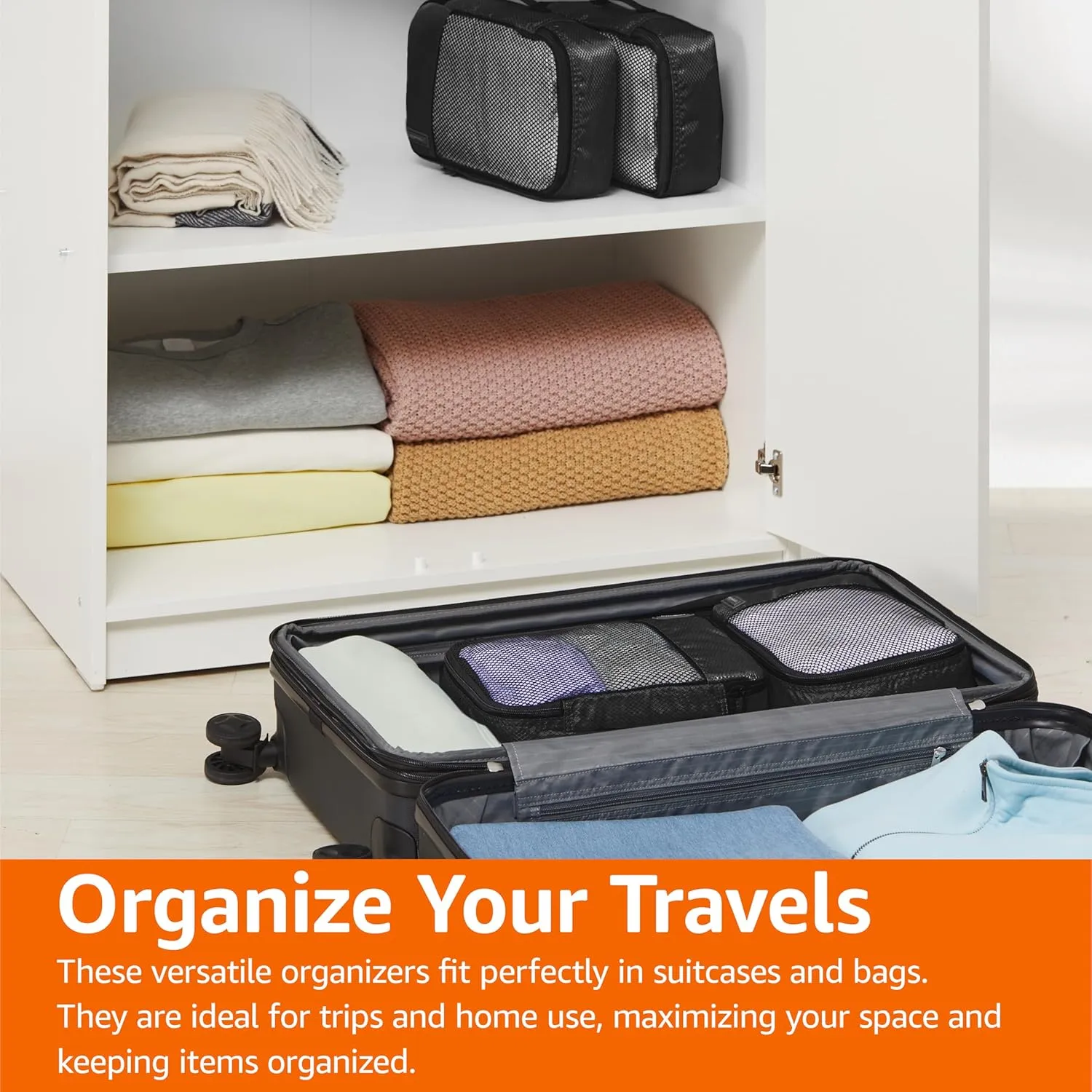 Amazon Basics Small Packing Cubes for Travel, Packing Organizers, 4-Piece-Set With Double Zipper Pulls and Mesh Top Panel, 100% Durable Polyester, Black, 11"L x 6.8"W x 3"H