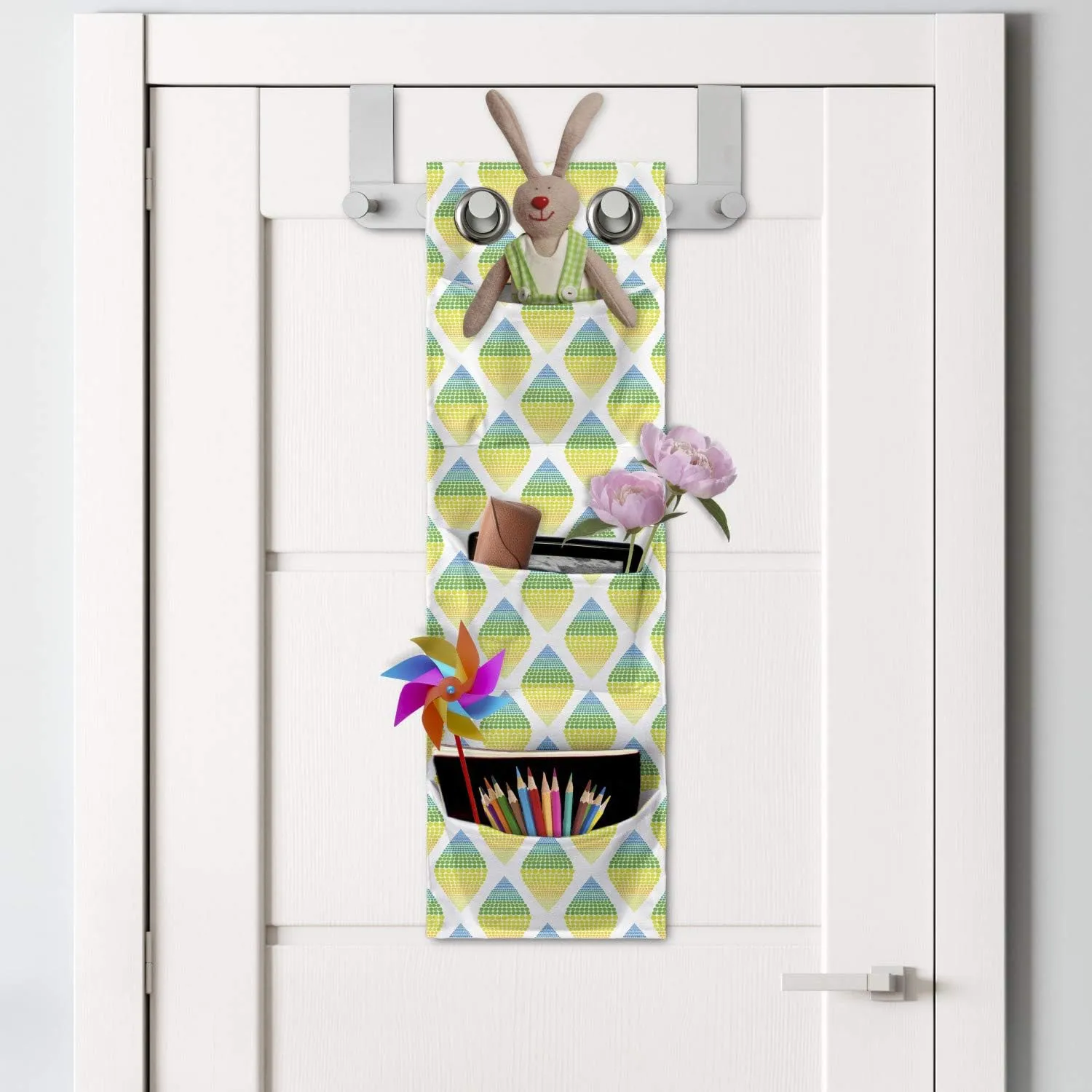 Ambesonne Abstract Hanging Pocket Organizer, Continuous Demonstration of Dotted Forms Fruit Like Looking Elements, Printed Polyester Storage Bag with Pockets, 9" x 27", Dark Seafoam and Yellow
