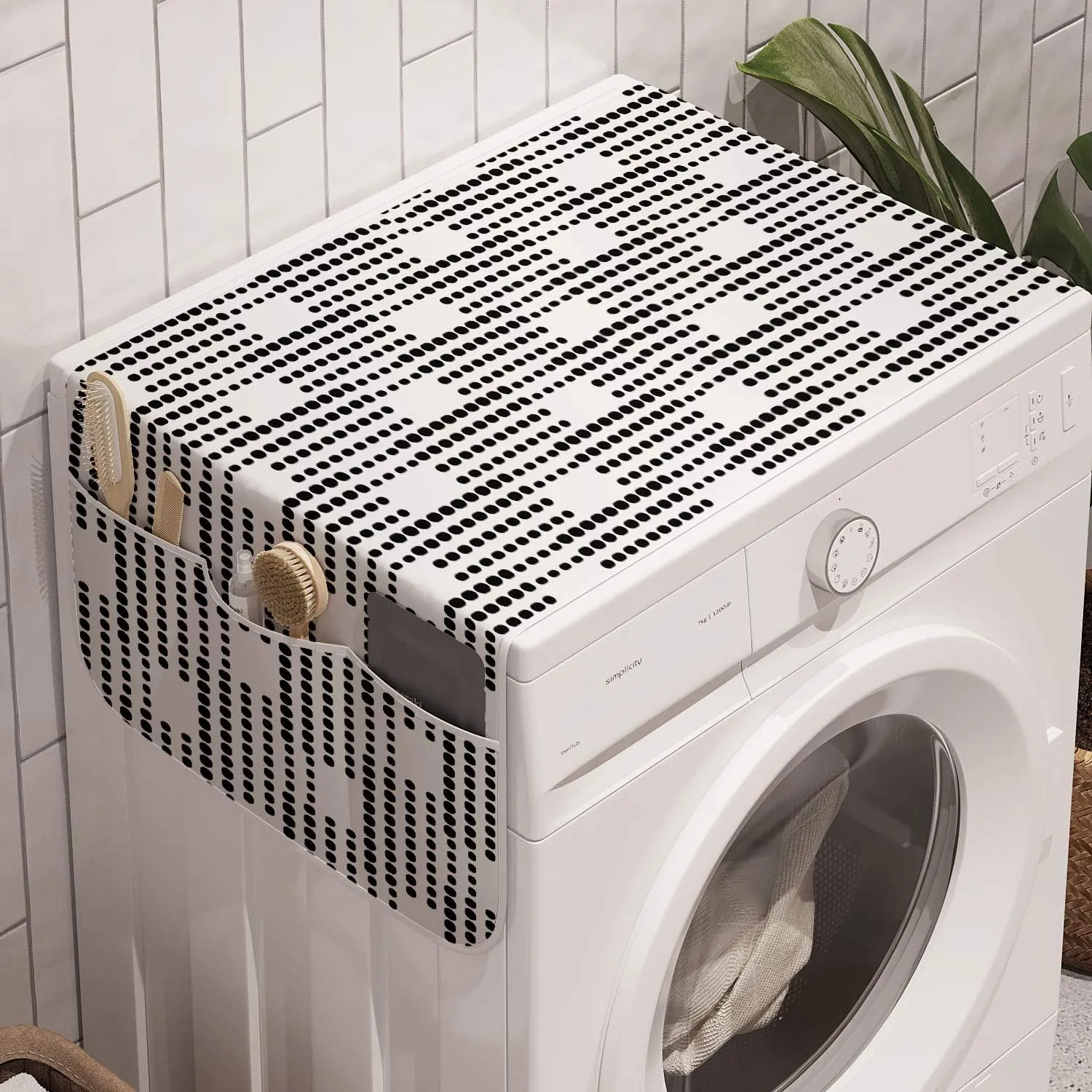 Ambesonne Abstract Washing Machine Organizer, Simplistic Contemporary Art Style Pattern with Monochromatic Boho Dots, Anti-slip Fabric Cover for Washers and Dryers, 47" x 18.5", Charcoal Grey White