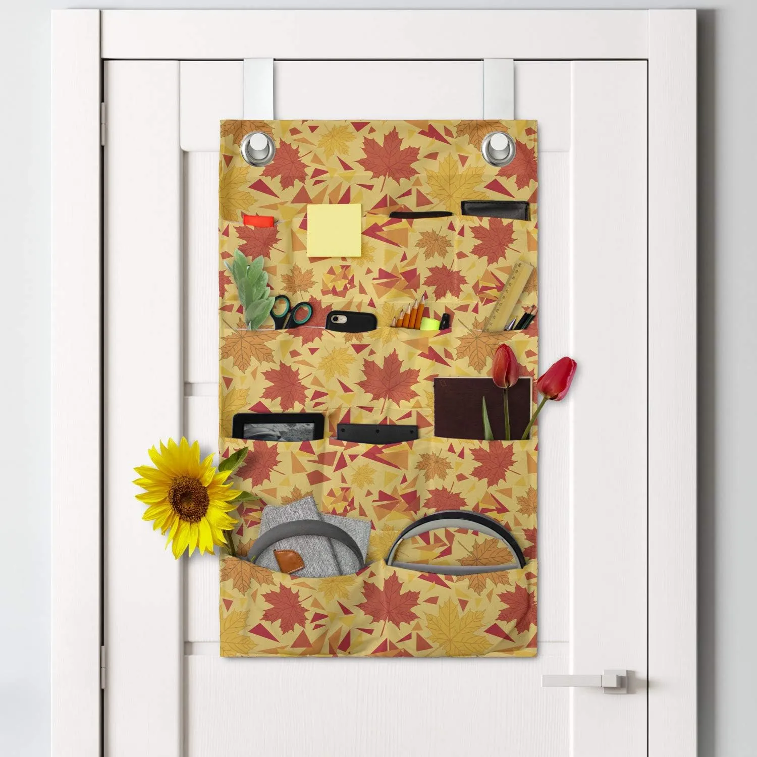 Ambesonne Autumn Hanging Pocket Organizer, Warm Seasonal Tones Maple Leaves Illustration with Fragments Print Design, Printed Polyester Storage Bag with Pockets, 21" x 31", Vermilion and Mustard