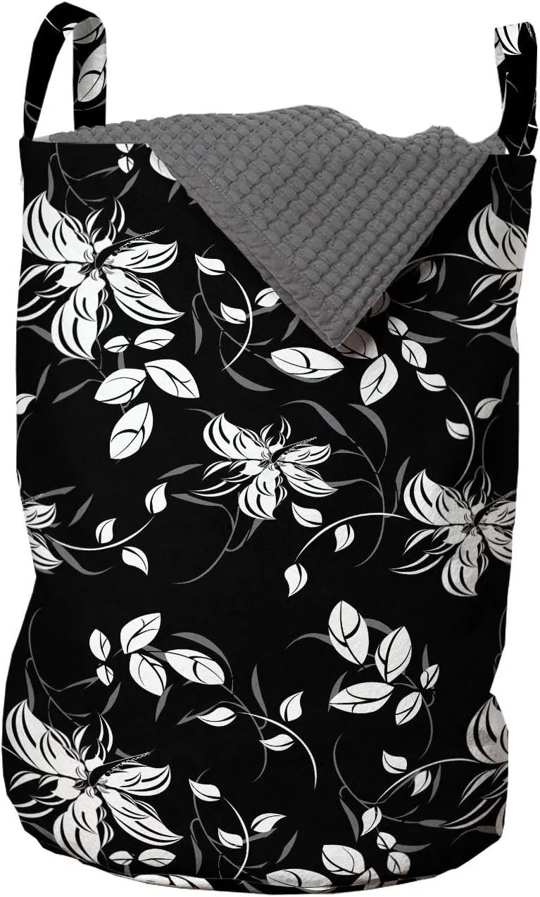 Ambesonne Autumn Laundry Bag, Fall Leaves Shedding from Deciduous Trees Beauty in Nature Illustration, Hamper Basket with Handles Drawstring Closure for Laundromats, 13" x 19", Charcoal Grey and White