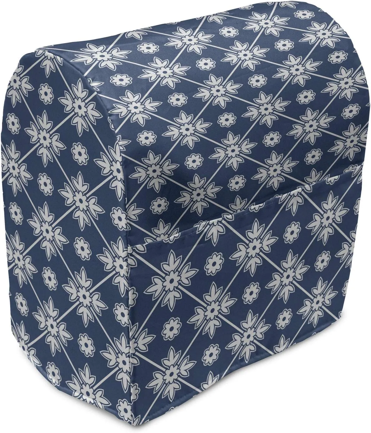 Ambesonne Blue Stand Mixer Cover, Checkered Pattern with Abstract Spring Blossoms Folkloric Holland Cultural Pattern, Kitchen Appliance Organizer Bag Cover with a Pocket, 6-8 Quarts, Blue White