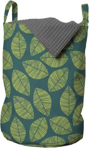Ambesonne Botanical Laundry Bag, Rhythmic Tropical Tree Leaves Lines Fresh Spring Nature Tone Print, Hamper Basket with Handles Drawstring Closure for Laundromats, 13" x 19", Yellow Green Dark Teal
