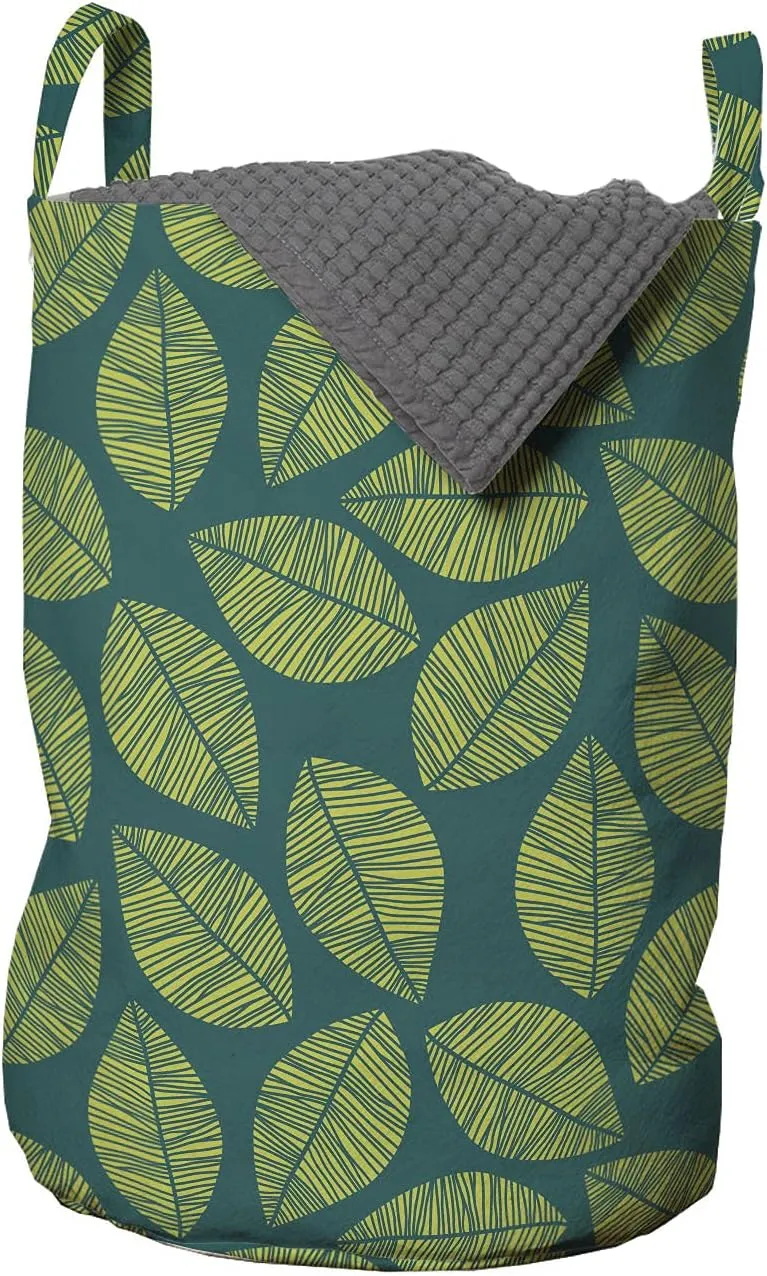 Ambesonne Botanical Laundry Bag, Rhythmic Tropical Tree Leaves Lines Fresh Spring Nature Tone Print, Hamper Basket with Handles Drawstring Closure for Laundromats, 13" x 19", Yellow Green Dark Teal