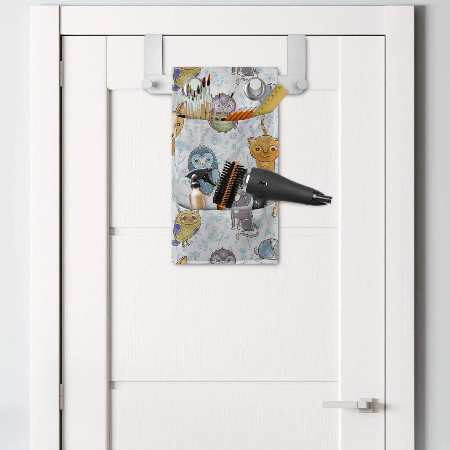 Ambesonne Cartoon Hanging Pocket Organizer, Demonstration of Animals Kitten Puppy Fox Owls Fun Times Floral Background, Printed Polyester Storage Bag with Pockets, 9" x 16", Multicolor