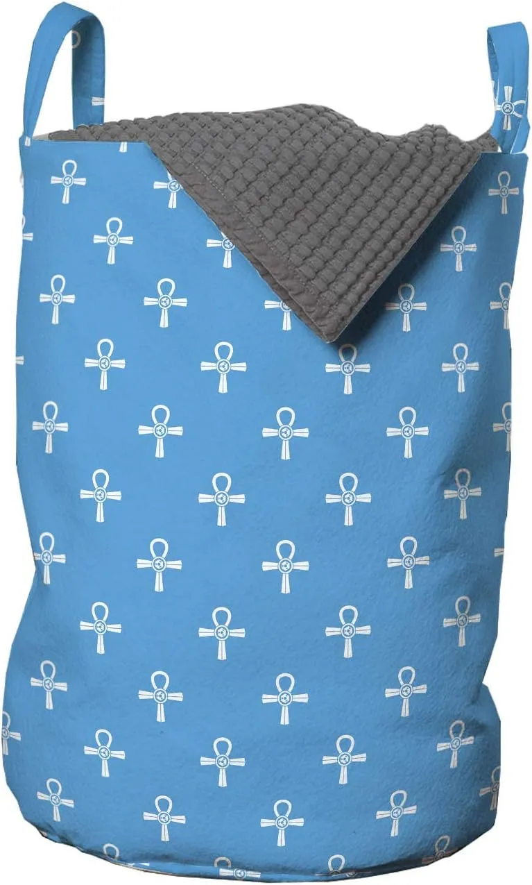 Ambesonne Egyptian Print Laundry Bag, Ankh Immortality and Eternal Life of Civilization, Hamper Basket with Handles Drawstring Closure for Laundromats, 13" x 19", Azure Blue and White