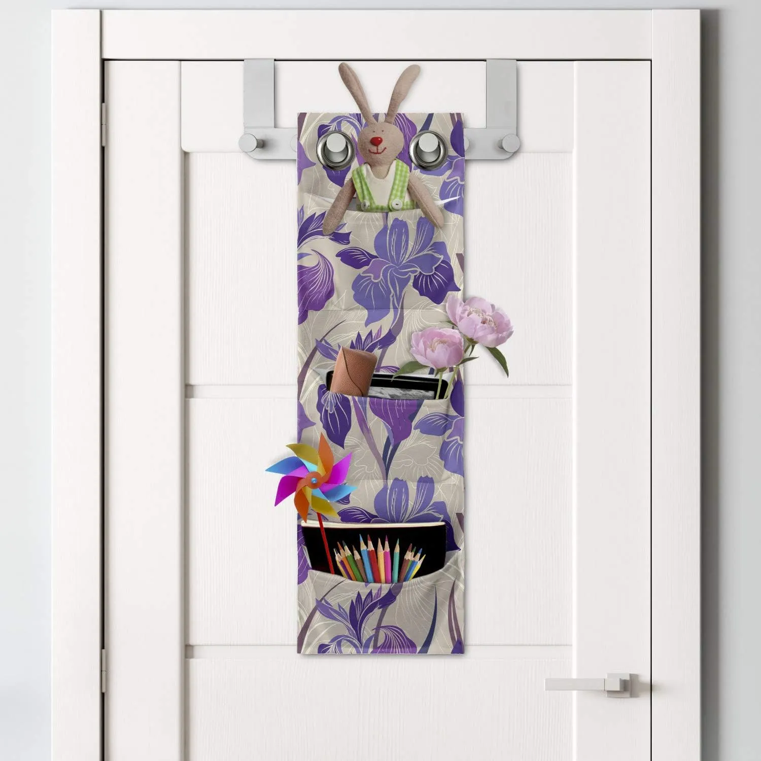 Ambesonne Floral Hanging Pocket Organizer, Digital Interpretation of Blooming Flowers, Printed Polyester Storage Bag with Pockets, 9" x 27", Pale Tan Violet