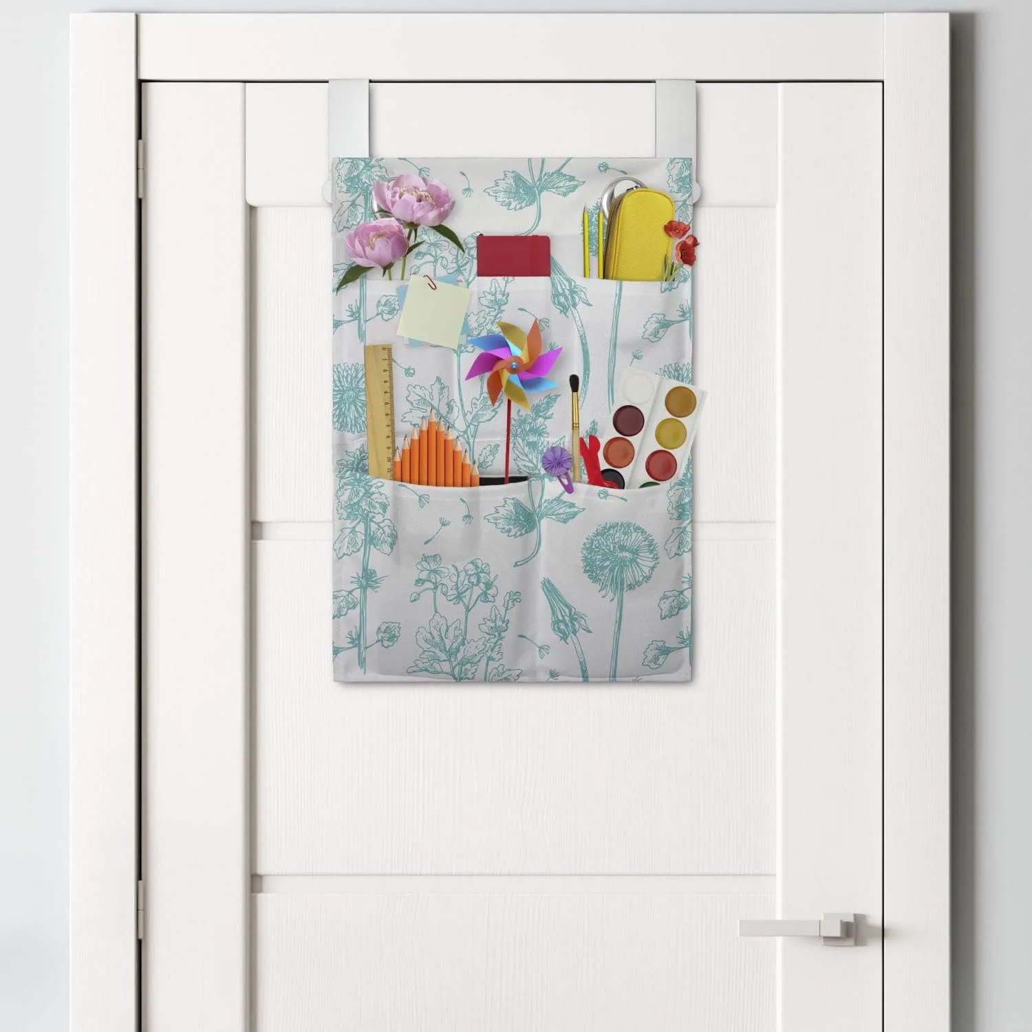 Ambesonne Floral Hanging Pocket Organizer, Hand Drawn Sketchy Interpretation of Wildflowers on a Plain Background, Printed Polyester Storage Bag with Pockets, 14" x 20", Cadet Blue White