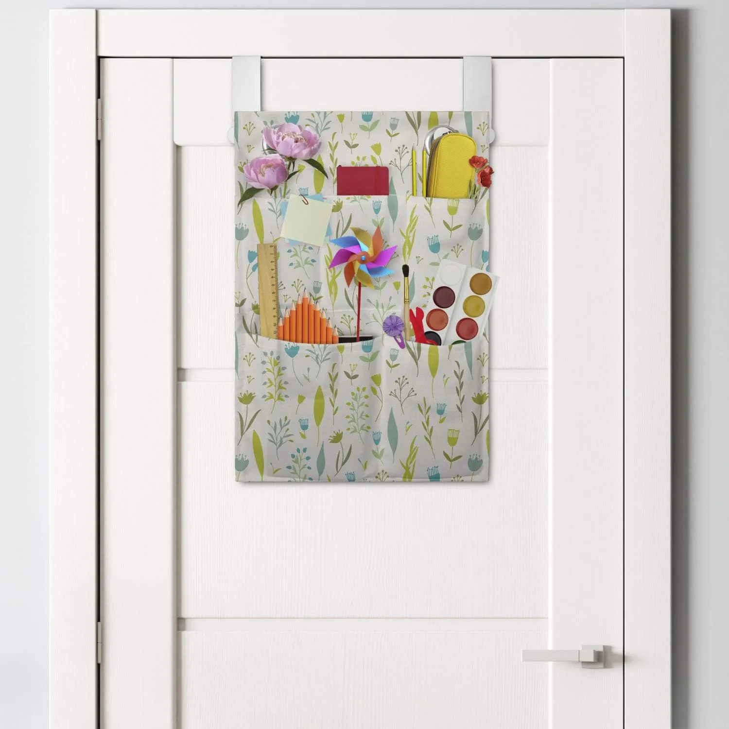 Ambesonne Floral Hanging Pocket Organizer, Poetic Leaves and Branches of Jolly Season, Printed Polyester Storage Bag with Pockets, 14" x 20", Cream Yellow Green