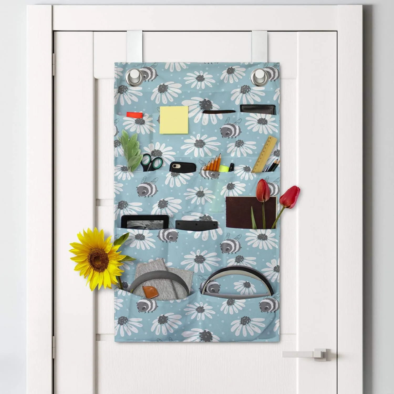 Ambesonne Floral Hanging Pocket Organizer, Repeating Flowers Bees Nature Interpretation in Pastel Colors Pattern, Printed Polyester Storage Bag with Pockets, 21" x 31", Pale Sky Blue and White