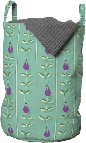 Ambesonne Floral Laundry Bag, Rhythmic Oriental Flowers Tulips Ottoman Style Pattern, Hamper Basket with Handles Drawstring Closure for Laundromats, 13" x 19", Sea Green Purple