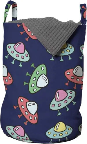 Ambesonne Galaxy Laundry Bag, Rhythmic Flying Saucers UFO Machines Cartoon, Hamper Basket with Handles Drawstring Closure for Laundromats, 13" x 19", Navy Blue Multicolor