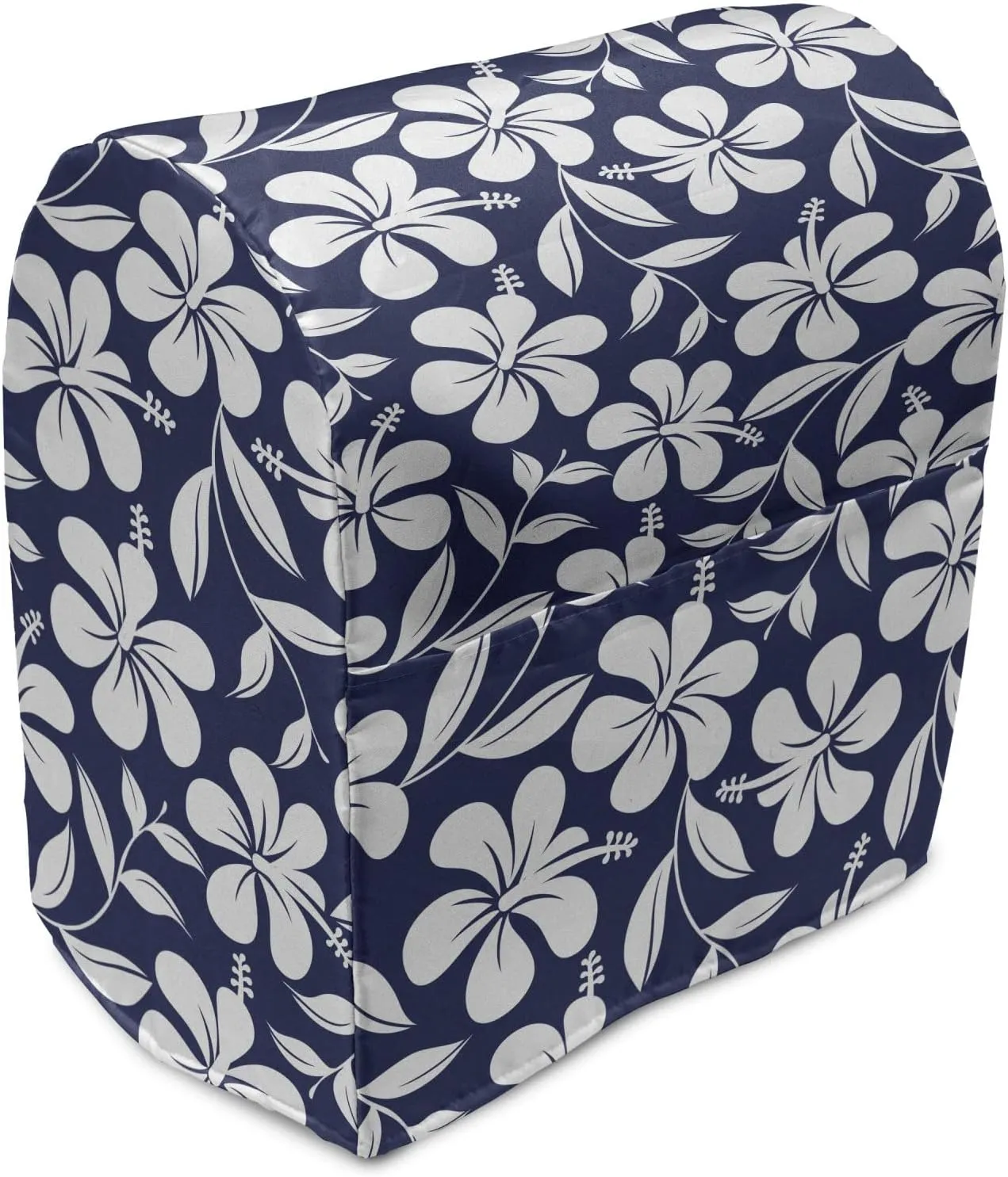 Ambesonne Hawaiian Stand Mixer Cover, Hibiscus Flower Silhouettes Repetition Aloha Summer Party Themes Print, Kitchen Appliance Organizer Bag Cover with a Pocket, 6-8 Quarts, Night Blue and White