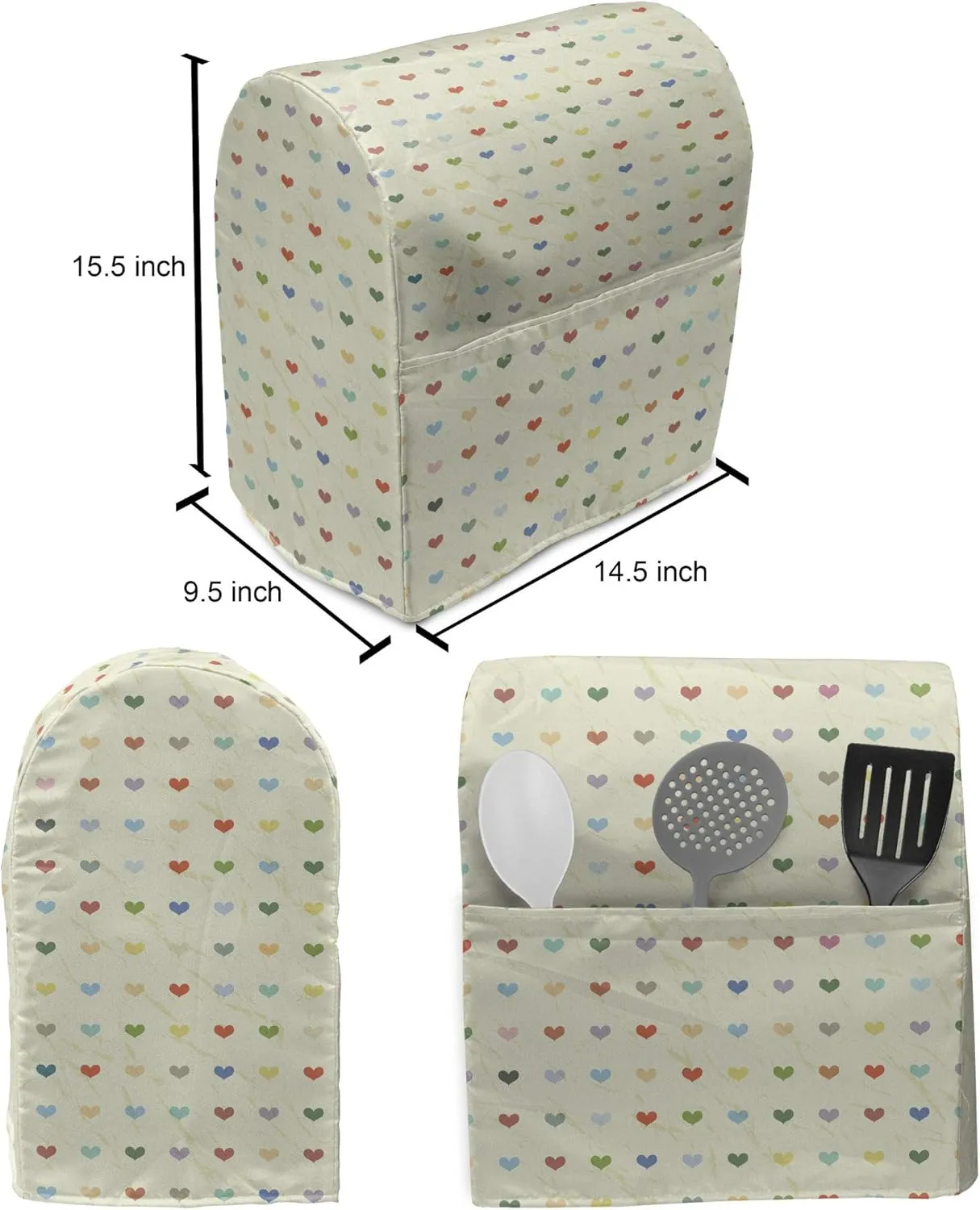 Ambesonne Hearts Stand Mixer Cover, Rhythmic Love Affection Romance Valentines Day on Grunge Background, Kitchen Appliance Organizer Bag Cover with a Pocket, 6-8 Quarts, Multicolor Eggshell