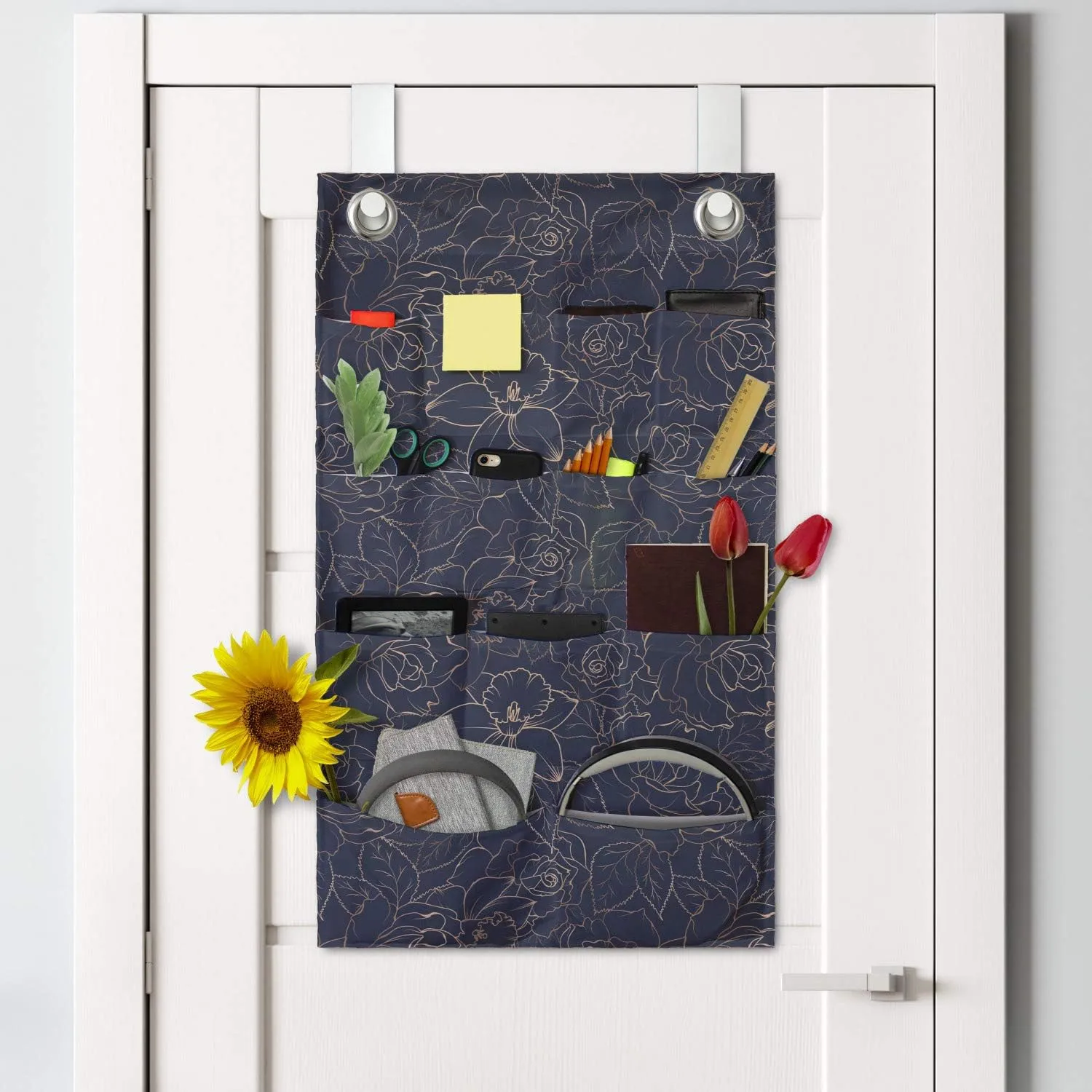 Ambesonne Navy Blue Hanging Pocket Organizer, Abstract Hand Drawn Interpretation of Narcissus Rose Daffodil Peony Flower, Printed Polyester Storage Bag with Pockets, 21" x 31", Indigo Sand Brown